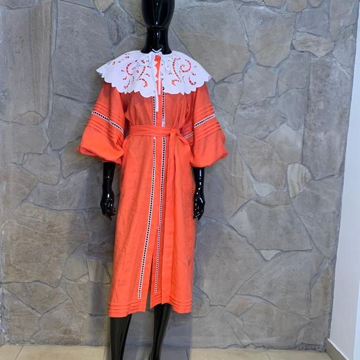 Coral linen Dress with embroidery collar