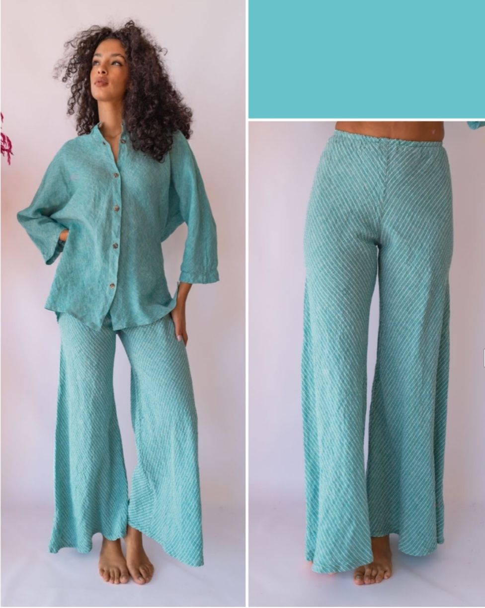 Pantalon en lino con rayas verde  y blancas